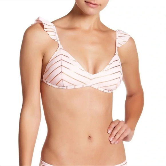 Betsey Johnson ruffle stripe rose gold bikini top - Picture 1 of 8